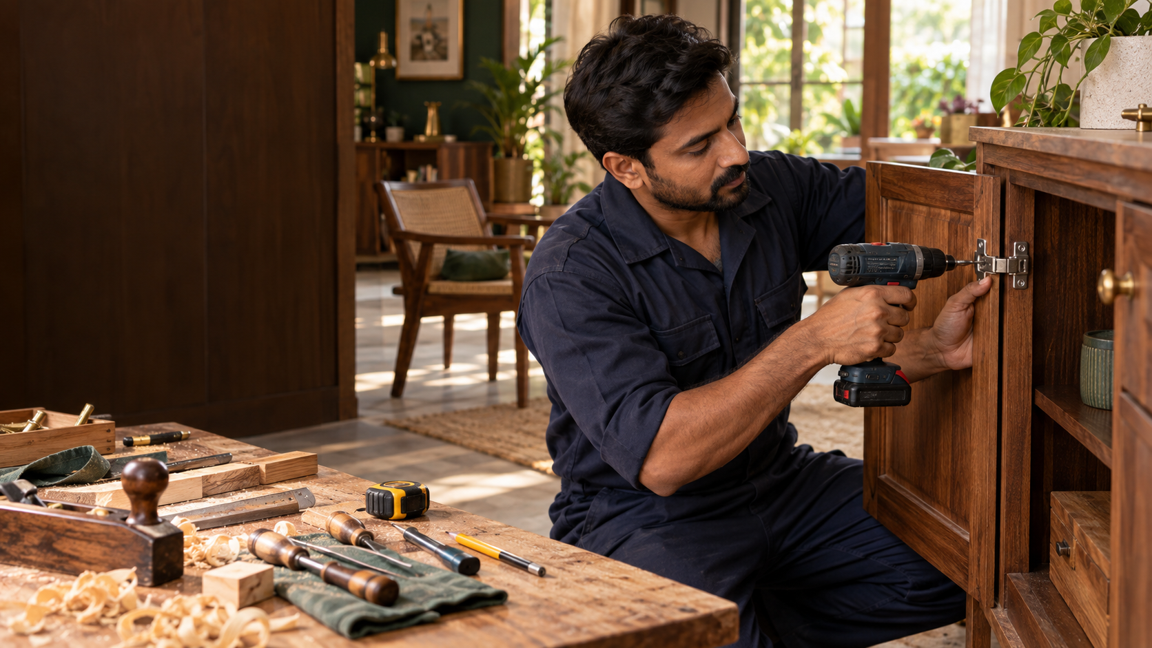 Professional carpenter repairing a wooden cabinet